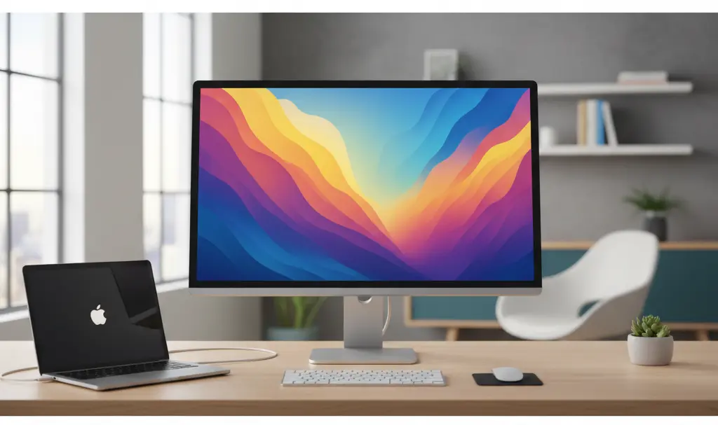 Image showing Apple Studio Display on Desk with MacBook