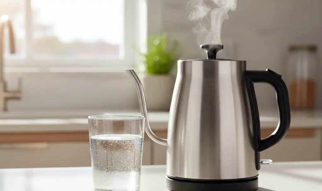 Image showing Glass of purified water next to a boiling kettle