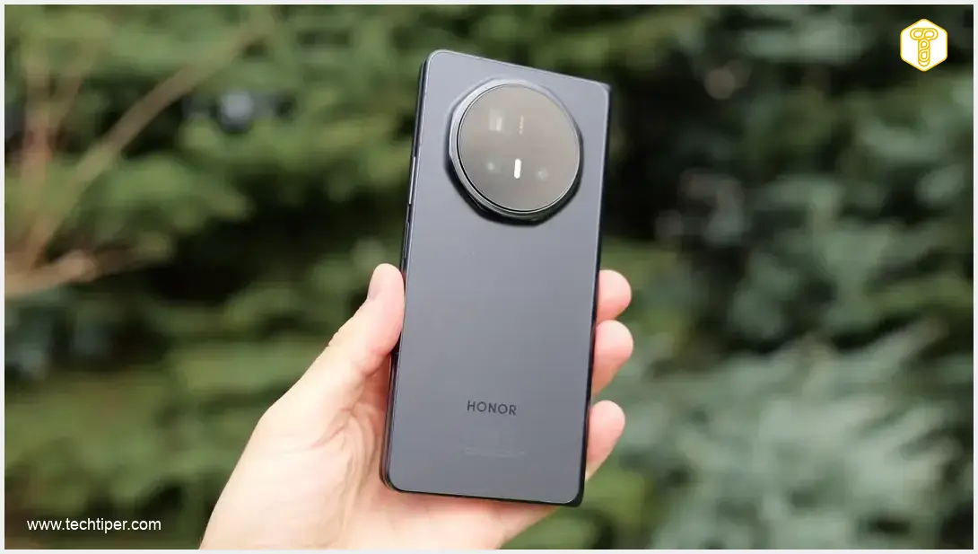 Image showing HONOR Magic V6 foldable smartphone on a table with its screen open