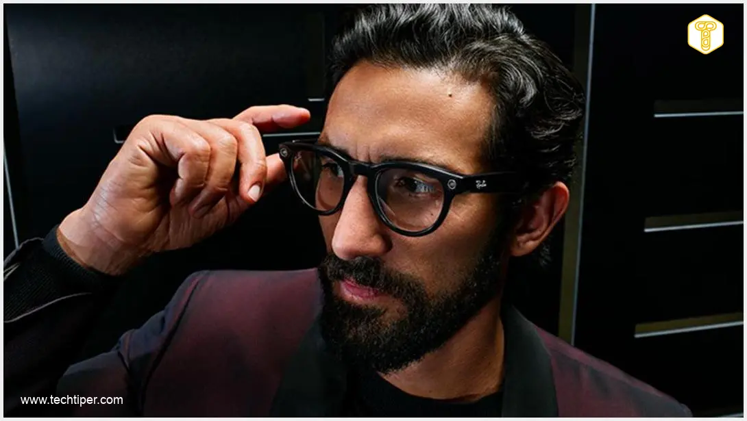 Image showing Smart glasses worn by a person, with a digital overlay showing privacy concerns or a ban symbol.